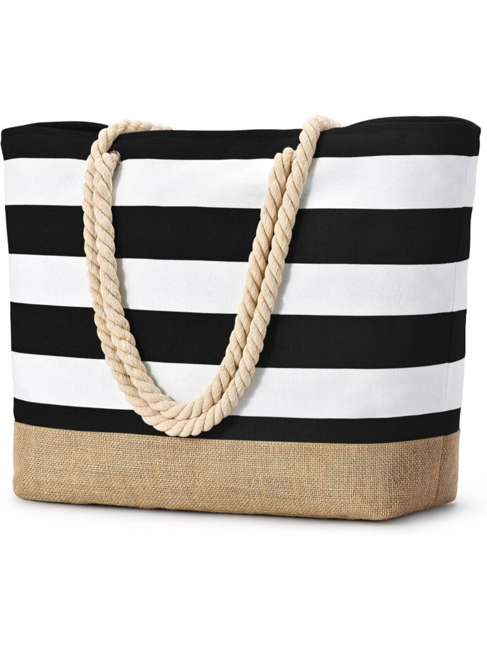 Women's Black Large Canvas Jute Beach Tote Bag Sandproof Swim Pool Bag Zipper